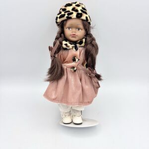 PORCELAIN DOLL African American Girl 7" Pigtails Pink Dress Leopard Hat w/ Stand